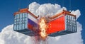 Two freight containers with Russia and China national flag crashing into eachother.