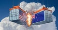 Two freight containers with USA and New Zealand national flag crashing into eachother.