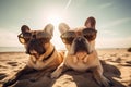 Two french bulldogs in sunglasses sitting on the beach, created with Generative AI technology