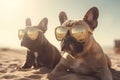 Two french bulldogs in sunglasses sitting on the beach, created with Generative AI technology