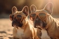 Two french bulldogs in sunglasses sitting on the beach, created with Generative AI technology