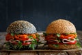 Two fresh appetizing hamburgers dark and light with sesame seeds, close-up, with fresh vegetables tomato, sweet pepper, Korean Royalty Free Stock Photo