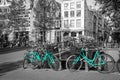 Two fresh azure bikes on the streets of Amsterdam Royalty Free Stock Photo