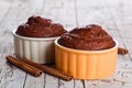 Two fresh baked browny cakes and cinnamon sticks Royalty Free Stock Photo