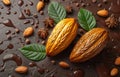 Two fresh cocoa beans and green leaves on dark background Royalty Free Stock Photo