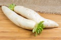 Two fresh daikon radish on wooden surface with sackcloth