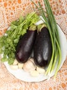 Two fresh eggplants with water drops, garlic and cilantro on a plate on the table Royalty Free Stock Photo