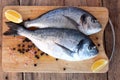 Two fresh gilt-head bream fish on cutting board