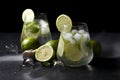 Two fresh glasses of non-alcoholic mojito, against a dark background, on a black table, summer cocktails with lime and mint Royalty Free Stock Photo