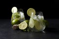 Two fresh glasses of non-alcoholic mojito, against a dark background, on a black table, summer cocktails with lime and mint Royalty Free Stock Photo