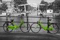 Two fresh green bikes on the streets of Amsterdam Royalty Free Stock Photo