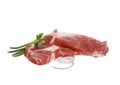 Two fresh and juicy raw steaks with onions isolated on a white background Royalty Free Stock Photo