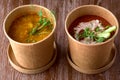 two fresh Lentil soup, tomato soup in takeaway box Royalty Free Stock Photo