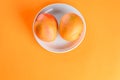 Two fresh mango tropical fruit on plate on orange background. Royalty Free Stock Photo
