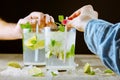 Two fresh mojitos cocktail on black background Royalty Free Stock Photo