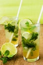 Two fresh mojitos cocktail. Mojitos with mint leaves, lime and ice Royalty Free Stock Photo