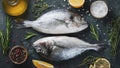 Two fresh raw Dorado fish with spices and olive oil on a dark stone table. Top view. Flat lay Royalty Free Stock Photo