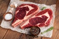 Two fresh raw marble meat, black Angus ribeye steak with spices on a old rustic table. Raw beef on a wooden background. Royalty Free Stock Photo