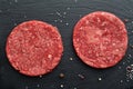 Two fresh raw Prime Black Angus beef burger patties