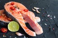 Two fresh raw salmon steaks with spices Royalty Free Stock Photo