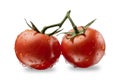 Two fresh, red cherry tomatoes with green stem Royalty Free Stock Photo