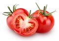 Two fresh red tomato and one cut in half with green leaves Royalty Free Stock Photo