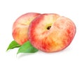 Two fresh ripe peach with leaf. Royalty Free Stock Photo