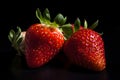 Two fresh ripe strawberries on a dark background, closeup, generative AI Royalty Free Stock Photo