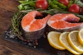 Two fresh salmon steakes with greenery, lemon and cherry tomatoes