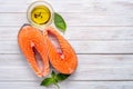 Two fresh salmon steaks with olive oil and Basil Royalty Free Stock Photo