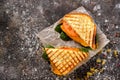 Two fresh sandwiches with meat, tomatoes and greens. Top view Royalty Free Stock Photo