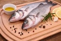 Two fresh sea bass fish on cutting board with ingredients Royalty Free Stock Photo