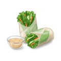 Two Fresh Spring Rolls with Carrots and Cucumbers served with Peanut Sauce Bowl Royalty Free Stock Photo