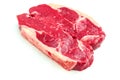 Two fresh strip loin steaks on a white isolated background.