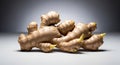 Two fresh ginger roots with prominent knobs and yellow sprouts on a light gray background Royalty Free Stock Photo