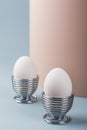 Two fresh white chicken eggs in metal stands on a double pink and blue background. Farm home products. Spring holiday Easter Royalty Free Stock Photo