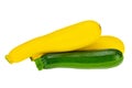 Two fresh yellow and one green courgette isolated on white background. Concept health. Closeup. Royalty Free Stock Photo