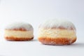 Two freshly made doughnuts filled with jam and covered in powdered sugar Royalty Free Stock Photo