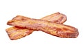 two fried bacon strips isolated on white background. bacon isolated on white background. Crispy fried bacon pieces close up Royalty Free Stock Photo