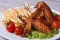 Two fried chicken wings, french fries, tomato and lettuce Royalty Free Stock Photo