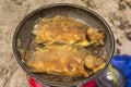 Two fried crucian carp in a frying pan