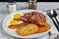 two fried eggs with bacon and hash browns