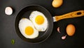 Two Fried Eggs in a Black Skillet Top View - Generative Ai