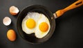 Two Fried Eggs in a Black Skillet Top View - Generative Ai