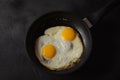 Two fried eggs in cast iron frying pan Royalty Free Stock Photo