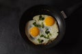 Two fried eggs in cast iron frying pan Royalty Free Stock Photo