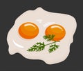 Two fried eggs in a frying pan cooked for breakfast. Delicious international meal. Homemade food, top view. Vector