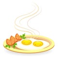 Two fried eggs on a plate. Next to the omelet are pieces of tomato and parsley. Fast and nutritious food. Vector illustration