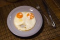 Two fried eggs on plate. Wooden table. Royalty Free Stock Photo