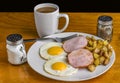 two fried eggs served with canadian bacon